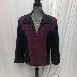 Briggs Jacket Womens Size Medium Petite Faux Suede Zip Black Burgundy Colorblock